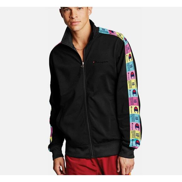 Champion Tricot Track Jacket Mens Medium Black Full Zip Colorful Logo Sporty - Picture 2 of 16
